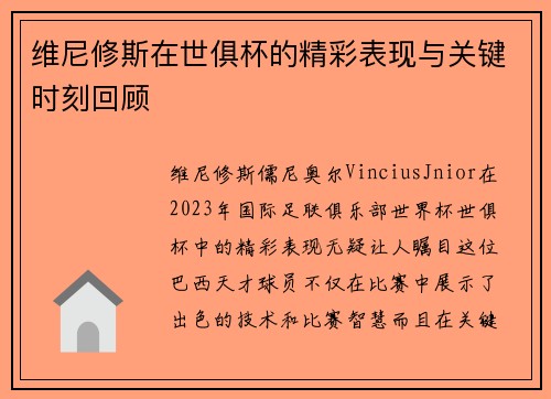 维尼修斯在世俱杯的精彩表现与关键时刻回顾